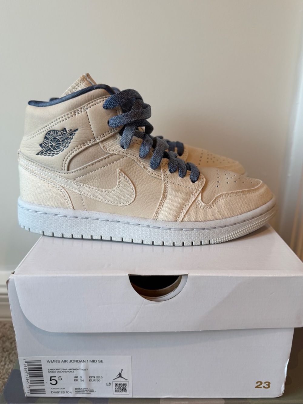 Jordan Women's Mid-Top Sneakers in Beige with Navy Accents